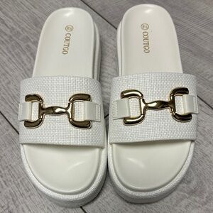 Coutgo Women's White Mules with Gold Buckle